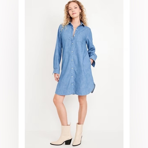 NWT! Long Sleeve Blue Denim Mini Shirt Dress - Size Small - Picture 2 of 6